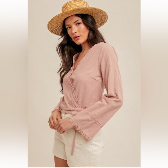 Hem & Thred Indi Pink Wrap Crop Bell Sleeve Blouse NWT - Picture 2 of 4